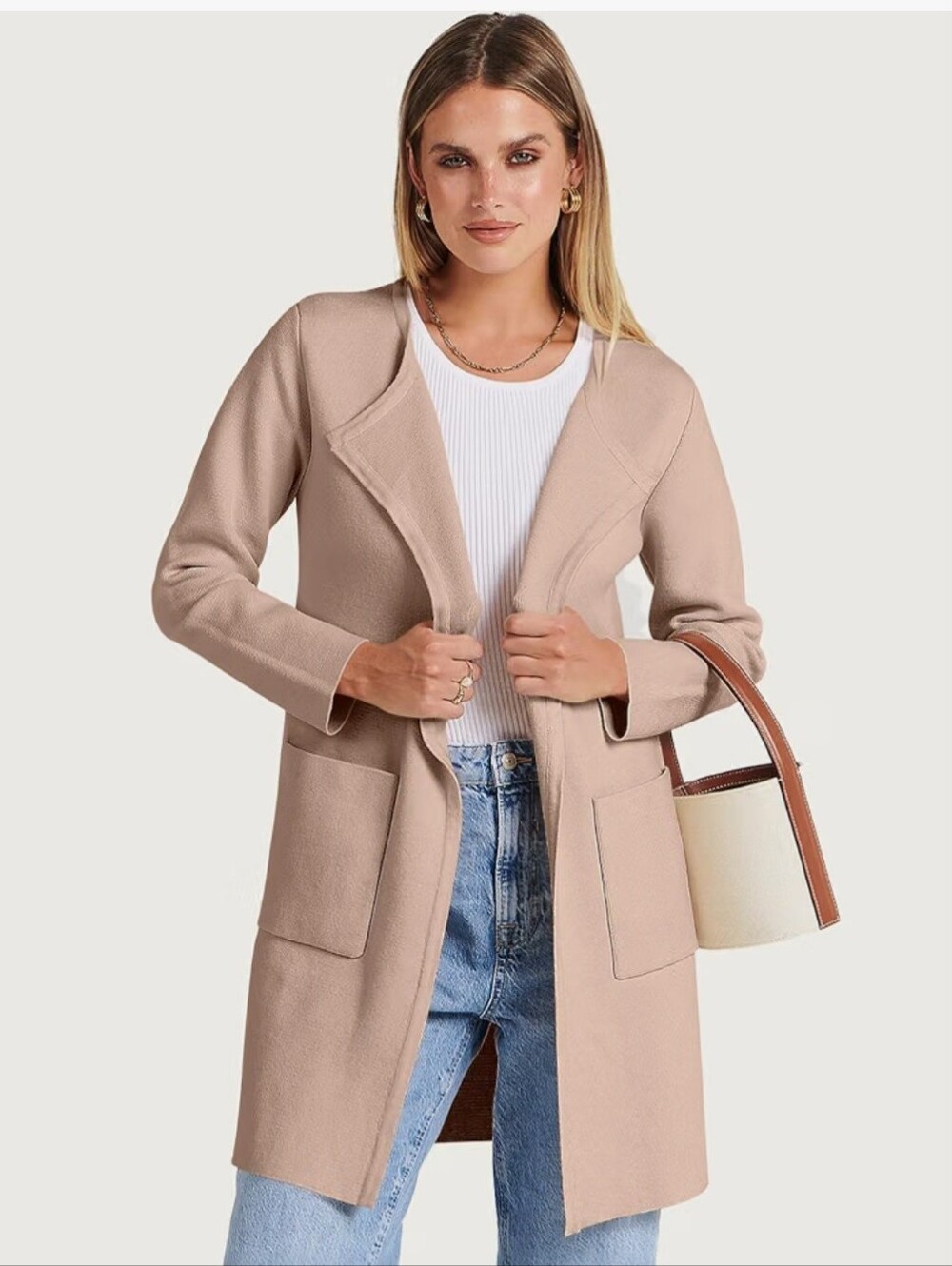 Anrabess Cardigan Long Sleeve Taupe Open-Front Long Trench Coat